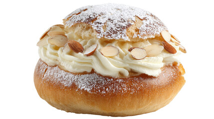 Delicious cream-filled pastry topped with almonds and powdered sugar. transparent background