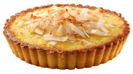 Delicious coconut tart topped with toasted coconut flakes. transparent background