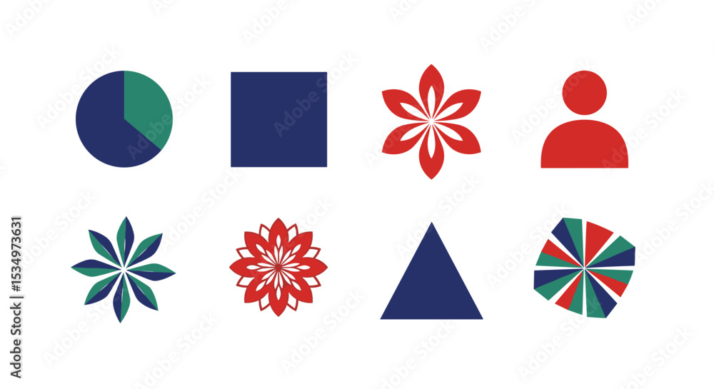 Poster illustration of eight geometric shapes in different colors arranged in two rows on a white backgroun