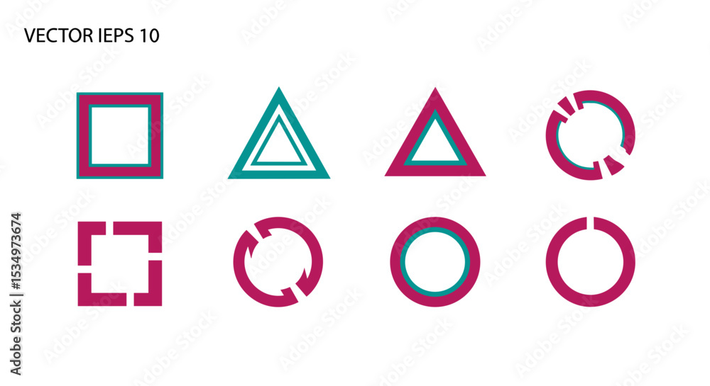 Poster geometric shapes in two colors arranged in two rows with rectangles triangles and circles shown