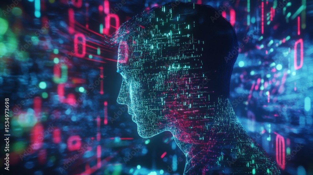Poster young male digital construct in abstract data streams at night