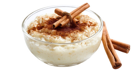 Delicious creamy rice pudding topped with cinnamon sticks. transparent background