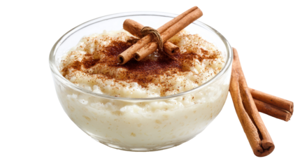 Delicious creamy rice pudding topped with cinnamon sticks. transparent background