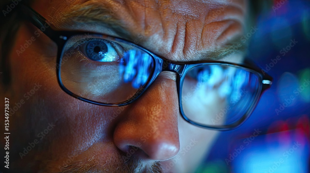 Poster Market risk perception affects confidence in returns concept. Close-up of a focused person analyzing data on a digital screen.