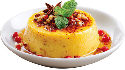 Delicious creamy dessert topped with nuts and mint leaves. transparent background