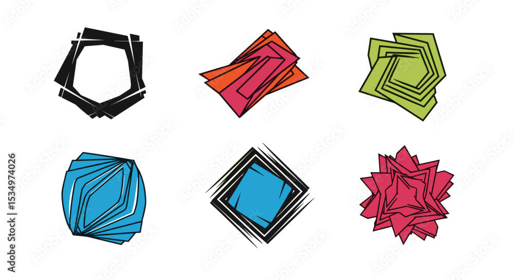 Poster collection of six abstract geometric shapes with colorful layers isolated on a white background art 