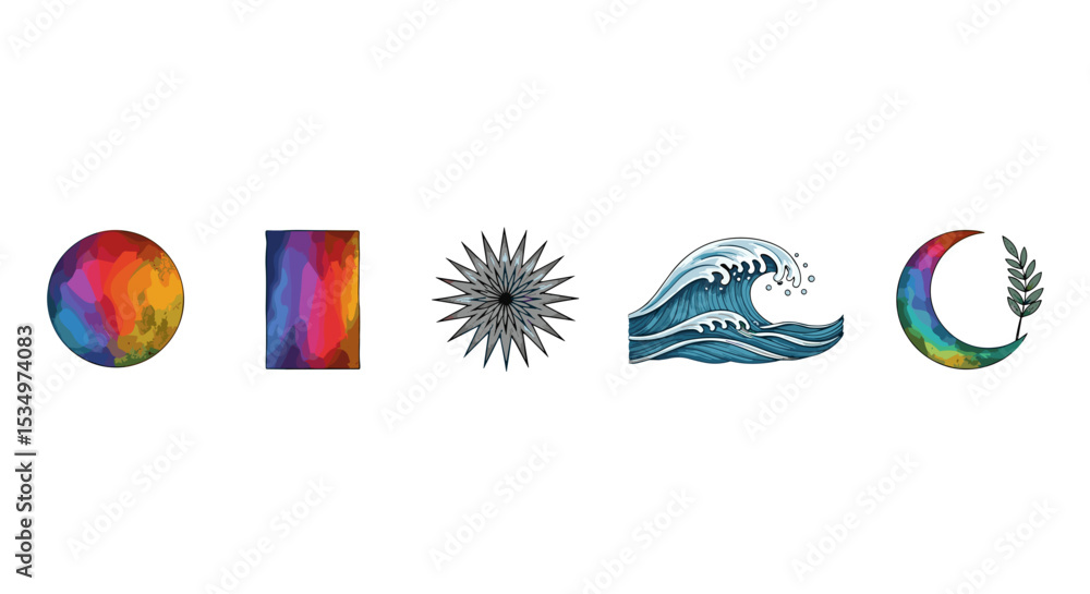 Poster five distinct elements displayed in a row including an oval rectangle star wave and crescent shape