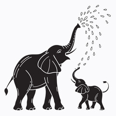elephant spraying water over baby silhouette