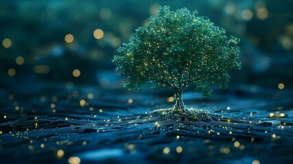 Symbiotic growth: Tree and digital circuits intertwine in a futuristic ecosystem - Powered by Adobe