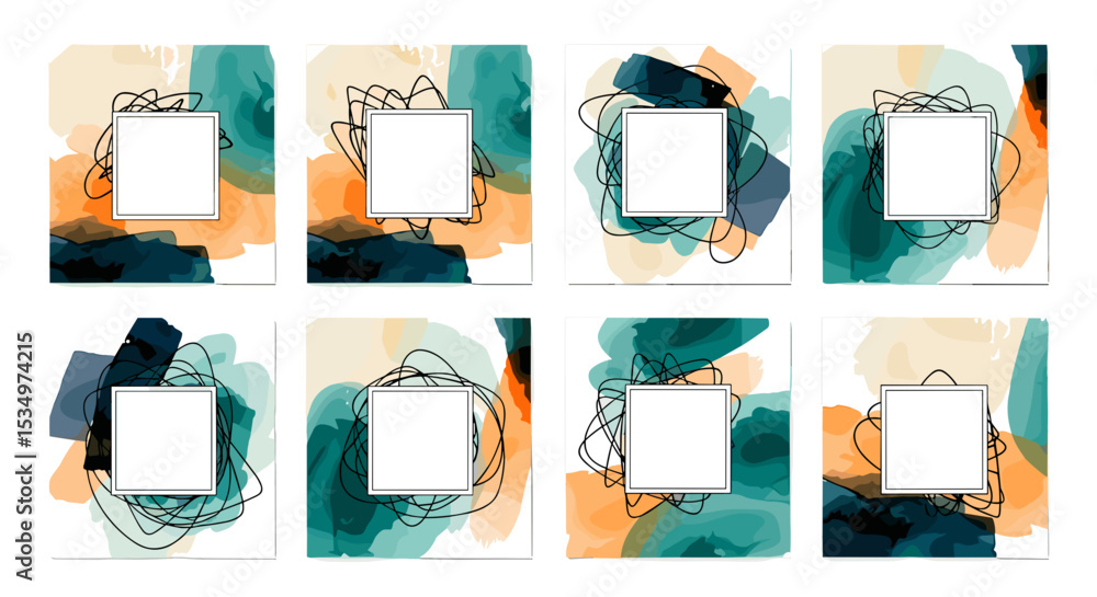 Poster collection of abstract art with watercolor textures and frames for text or images arranged neatly