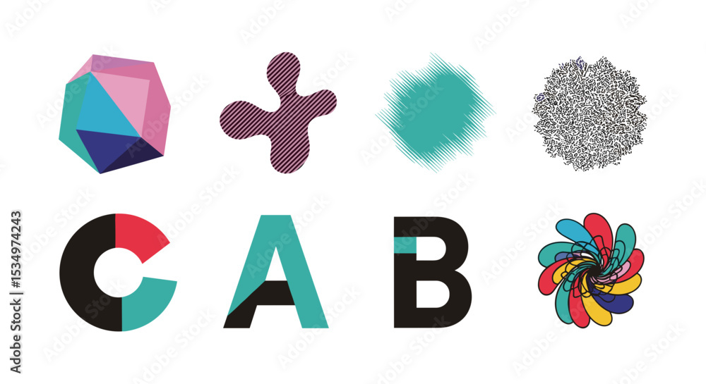 Poster collection of abstract shapes and letters c a b in various styles and color combinations on white ba