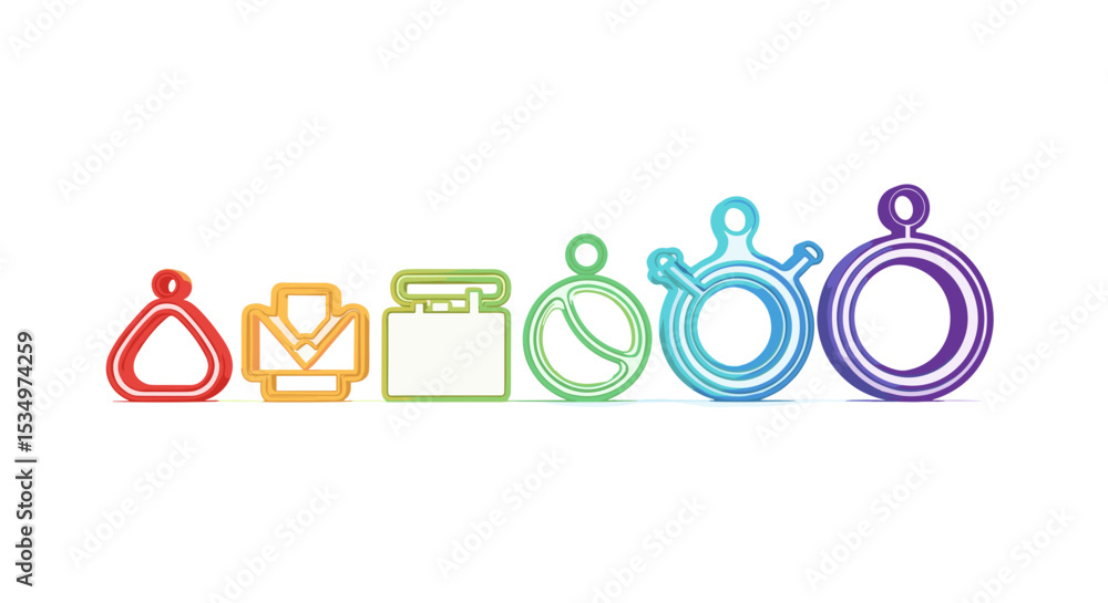 Poster illustration of a series of colorful abstract shapes with loops arranged in a row on white backgroun