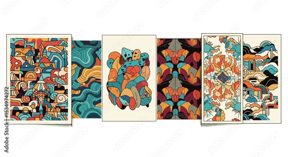 Poster collection of six panels featuring abstract colorful designs and patterns in a vertical format art d