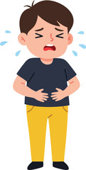 Fototapeta premium Boy with stomachache crying and holding belly in pain expression vector illustration 