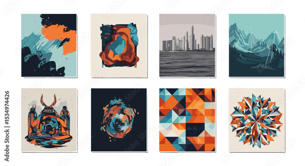 Poster a collection of eight abstract art pieces featuring various styles and color palettes displayed toge