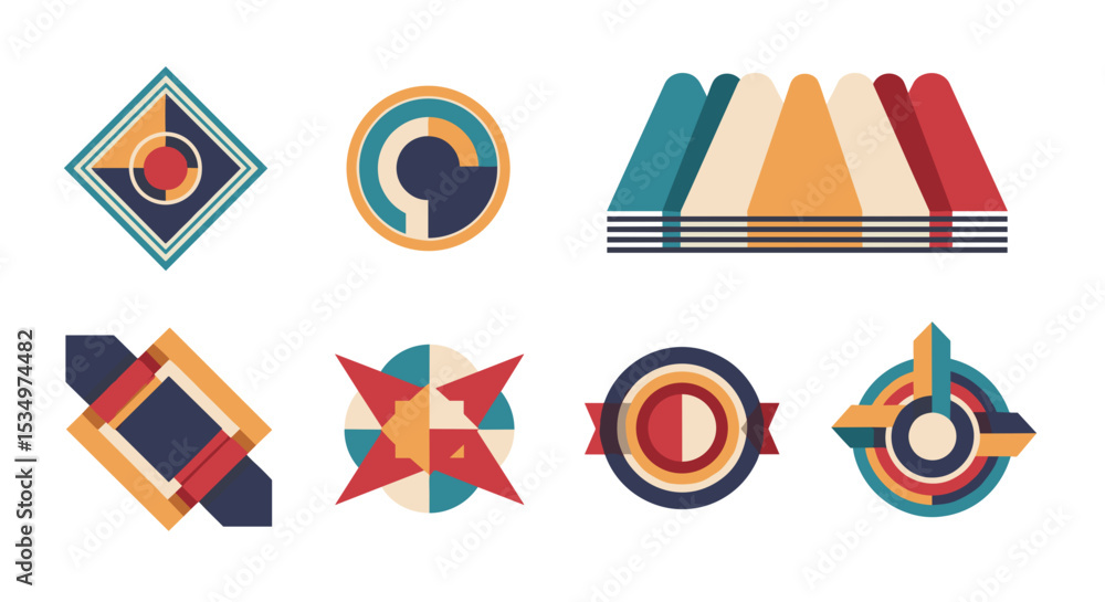 Poster collection of eight geometric shapes with retro color schemes arranged on a white background art des