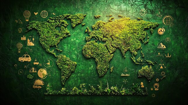 Green Earth ecology map with environmental icons, sustainability indicators, and global eco-conscious planning