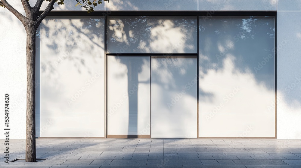 Poster modern storefront with large windows and tree shadow.