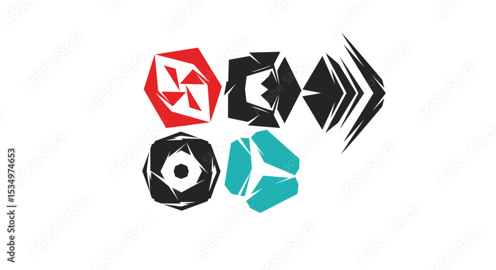 Poster abstract geometric shapes in red black and teal colors arranged on a white background design element