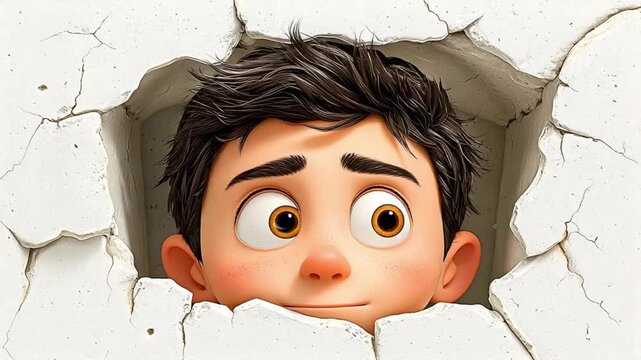 Surprised cartoon boy breaking wall with shocked face and cartoon style, expressive animation character with cartoon emotion burst, 3d character reactions, animated wall break moments