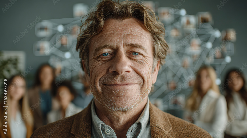 Poster team building & development : middle-aged man smiling in the foreground, with a group of diverse peo
