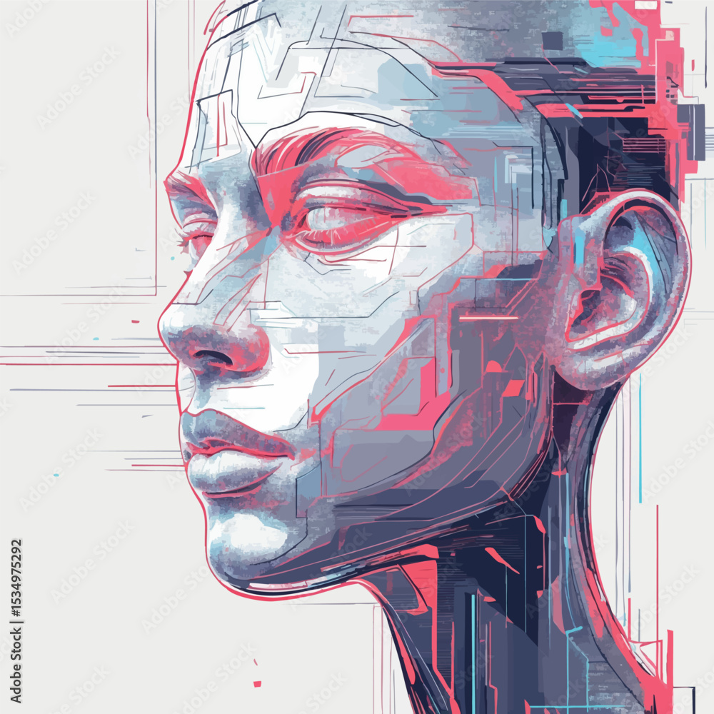 Poster abstract tech-style face outline with glitch line effect on white