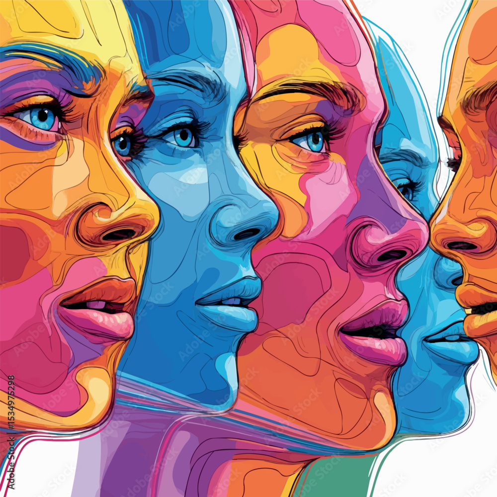 Poster vibrant abstract faces. continuous multicolor line art of human expressions in vector style