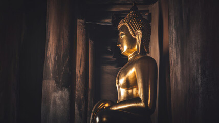 Buddhist statue in ancient temple historical site photography dimly lit environment artistic perspective