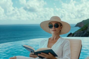 Relaxing by Infinity Pool: Woman Reading Book with Ocean View