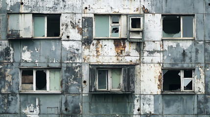 Decayed Urban Building with Broken Windows and Peeling Paint
