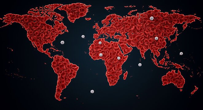 Red blood cells create a world map with scattered white cells on a dark background