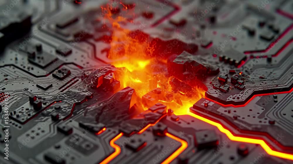 Poster molten lava intricately flows through the pathways of a circuit board, creating a striking contrast 
