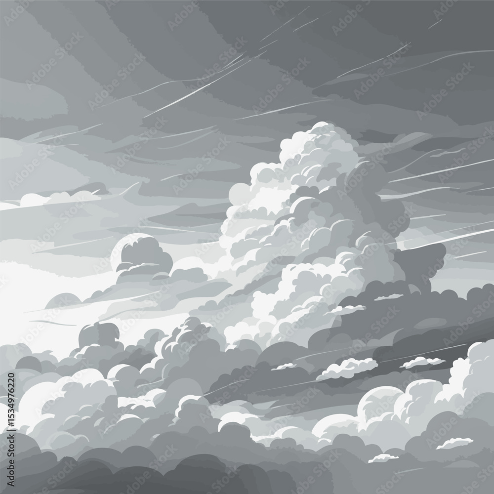 Poster dreamy cloudscape in outline style. minimalistic abstract sky background with soft monochrome atmosp