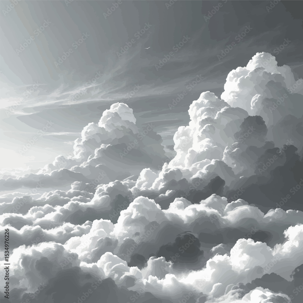 Poster dreamy cloudscape in outline style. minimalistic abstract sky background with soft monochrome atmosp