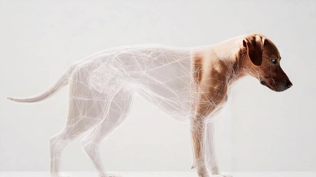 Futuristic Animal Anatomy Design, 3D Canine Visualization Models, Digital dog anatomy with wireframe structure and digital rendering, futuristic animal concept with digital dog and 3D visualization
