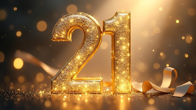 Sparkling 21st Birthday Celebration: Golden Glitter Numbers with Festive Ribbon