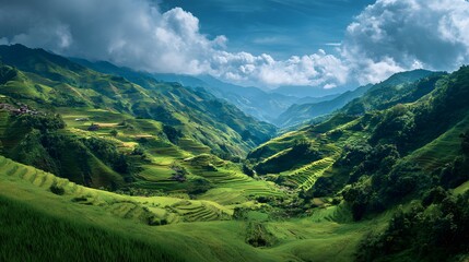 Obraz premium Gorgeous nature landscape of rice terrace farm carved into green hillsides clouds floating over valley captured human eye cinematic view vivid blue custom sky cut out isolated transparent background