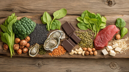 Iron-rich foods including leafy greens and red meat arranged for natural nutrition