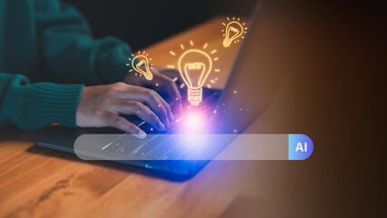 Hands typing on a laptop with glowing light bulbs and AI search bar. Concept of represents online searching, research, artificial intelligence, creative tech, ideas, digital information gathering.