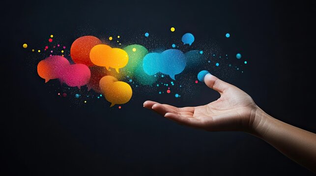 Hand interacting with colorful speech bubbles symbolizing worldwide connection, communication, and social networking
