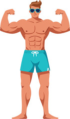 Muscular man flexing biceps in blue shorts and sunglasses summer fitness vector illustration 