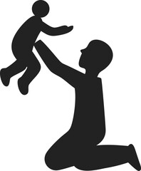 Black Silhouette of Kneeling Adult Raising Child into the Air &ndash; Joyful Parent-Child Moment Expressing Love, Connection, and Family Bonding in Minimalist Style on White Background