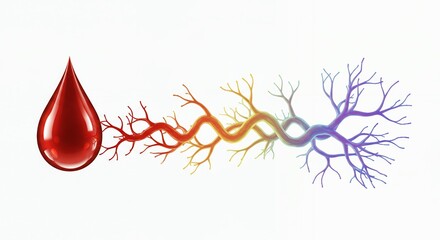 Obraz premium Red droplet linked to rainbowcolored branchlike structure white background