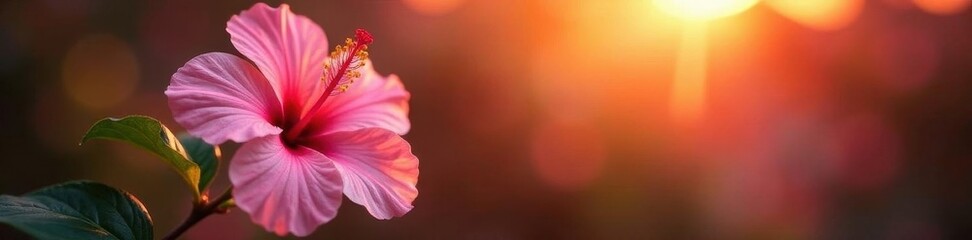 Soft pink hibiscus, glowing sunset hues Delicate petals, fiery backdrop , element, scene