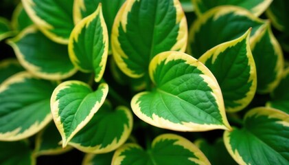 Variegated green hosta foliage, creamy yellow edges , leaves, green