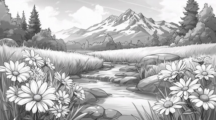 Serene Meadow and Mountain Scene: A picturesque illustration showcasing a tranquil landscape of wildflowers, stream, and majestic mountains, inviting viewers into a world of natural beauty.