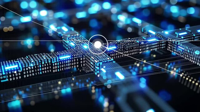Closeup view of a digital blockchain network showcasing interconnections of data points illuminated by blue lights in a futuristic setting