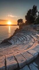 Fototapeta premium Ancient Greek Theatre at Sunset Overlooking Serene Lake: A Breathtaking Panorama of History and Nature