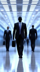 Three business professionals in suits walk confidently through a futuristic, illuminated corridor, carrying briefcases.
