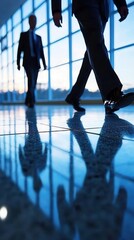 Two businesspeople walking in a modern office with large windows and reflective floors during daylight.